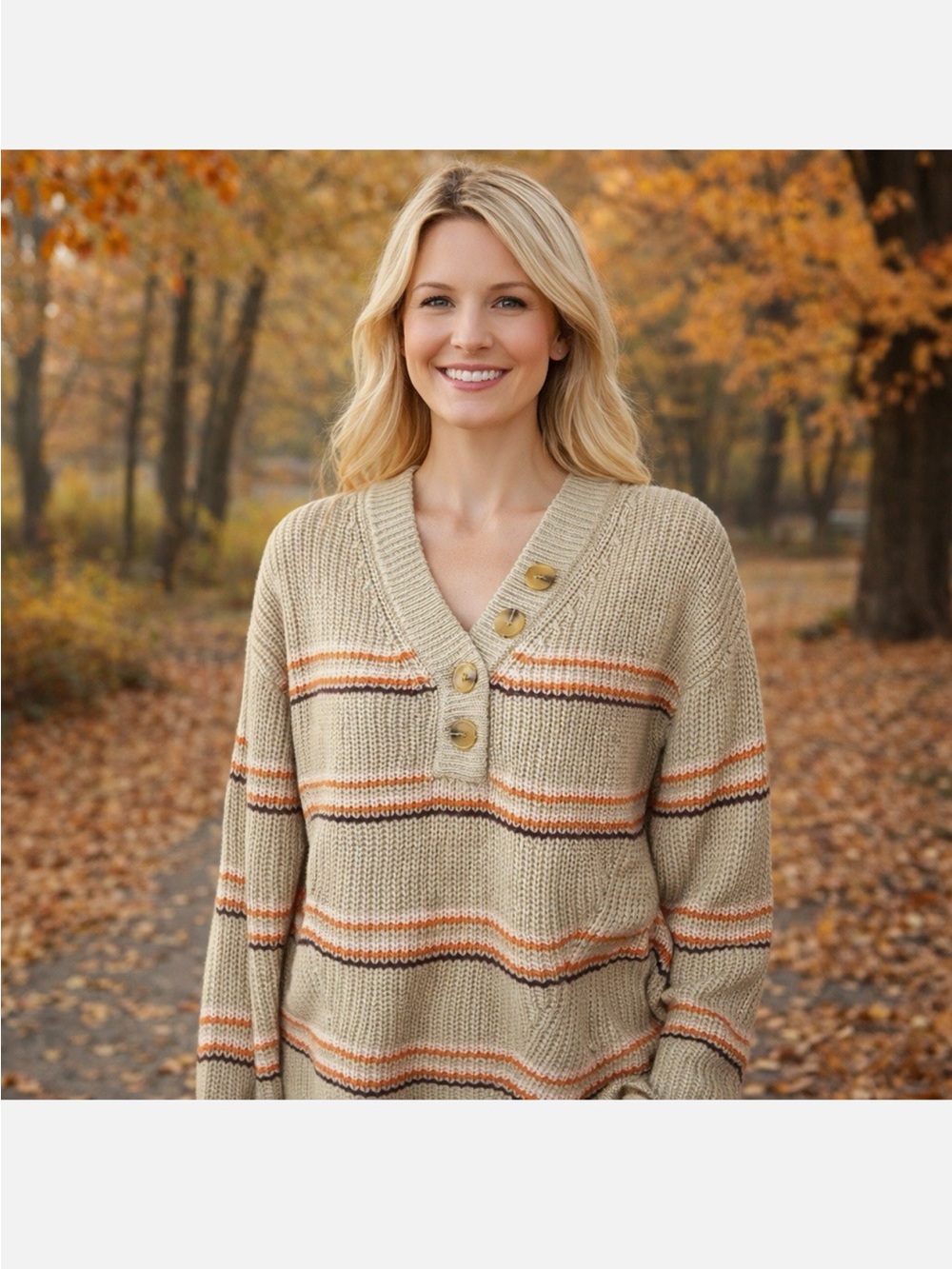 Maurices Cream Knit V-Neck Sweater with Orange & Brown Stripes